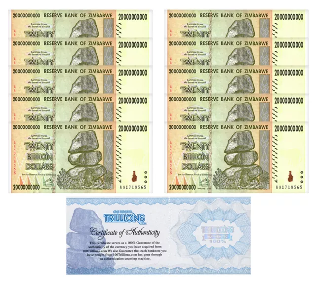 10 Zimbabwe 20 Billion banknote 2008, P-86 USED bundle CoA  Authentic trillion