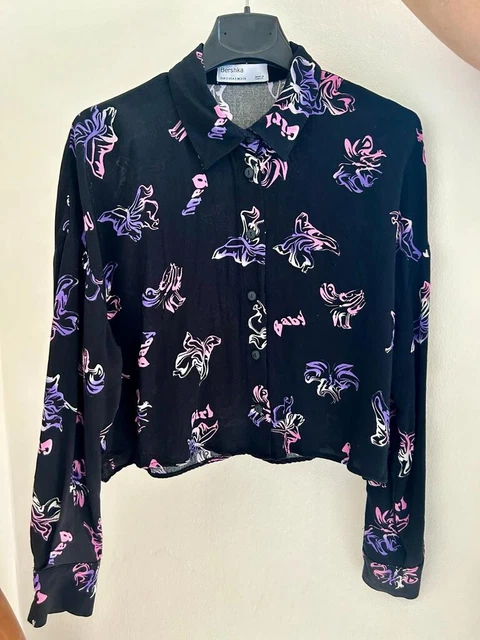 CAMICIA DONNA MANICA lunga corta Bershka nero con farfalle EUR 20 00 PicClick IT