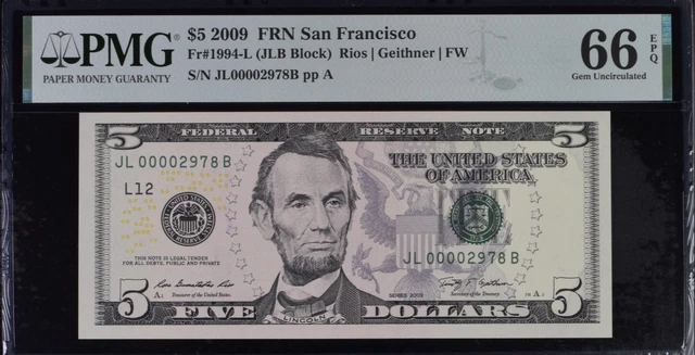 2009 San Francisco $5 Five Dollar Low Serial Number 00002978 PMG Gem 66EPQ