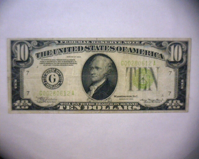 1934 $10 Federal Reserve Note LIME GREEN SEAL & SERIAL #   🌟VERY NICE🌟 2