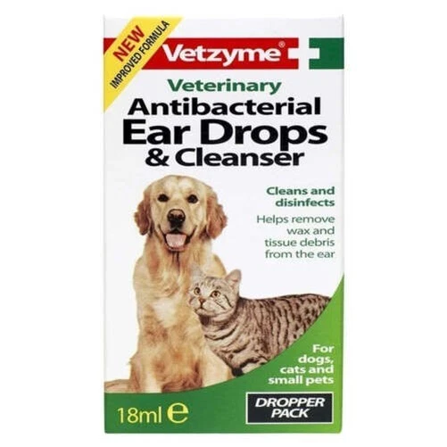 Vetzyme Antibacteriano Gotas para los Oídos & Limpiador para Gatos y Perros 18ml