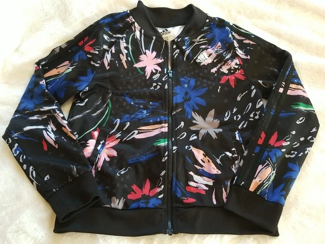 adidas Black & Pink Floral Logo Track Jacket & Sweatpants Girls size L (14)