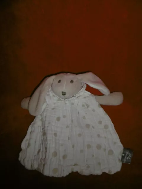 Doudou Peluche ATMOSPHERA For Kids Lapin Beige Tissus Lange Blanc Pois Gris