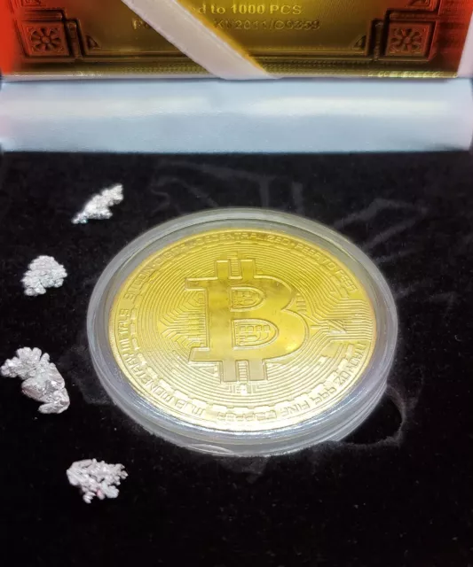 4 Beautiful Crystalline Silver Nuggets + 24kt BITCOIN In Velvet Collector Case