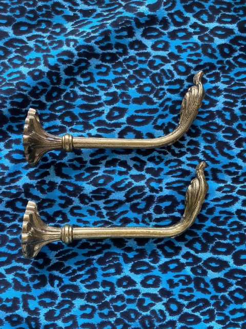 Two Lg. Vintage French Empire Style Brass Drapery Curtain Holdback Towel Hooks