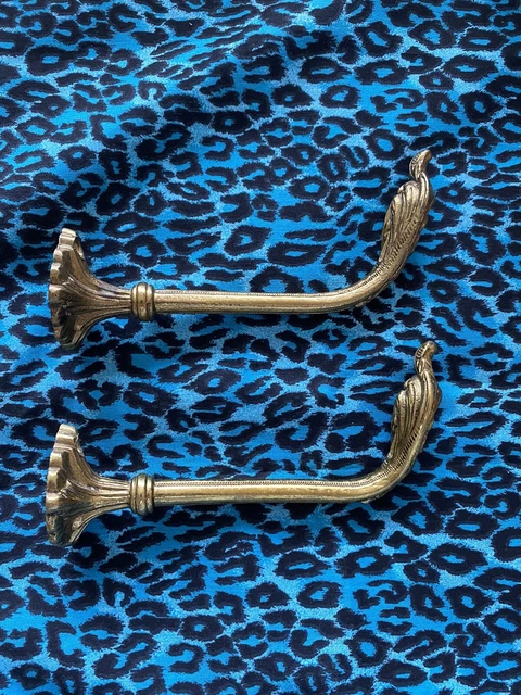 Two Lg. Vintage French Empire Style Brass Drapery Curtain Holdback Towel Hooks