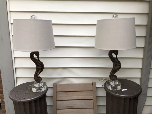 Pair Of 2 Seahorse Table Lamps by REGINA ANDREWS  White Shades Acrylic NEW 2013