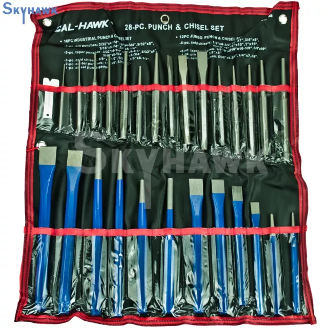 NEW 28pc Punch & Chisel Set Cold Taper Center Pin Metal Steel Punch with Pouch