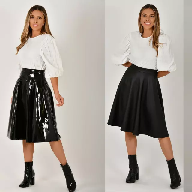 Womens Ladies PVC Leather Skirt Pleated Midi Flared A Line Full Swing High Waist