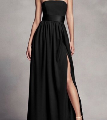 White by Vera Wang Long Strapless Bridesmaid Dress with Belt & Pockets Black 6