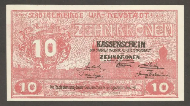 Austria - Wiener Neustadt 10 Kronen 1918, AU+; R-30c1; Large size notgeld