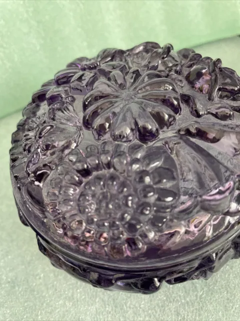 Fenton Glass Purple  Jewelry Trinket Covered Box Flowers Relief 4" W