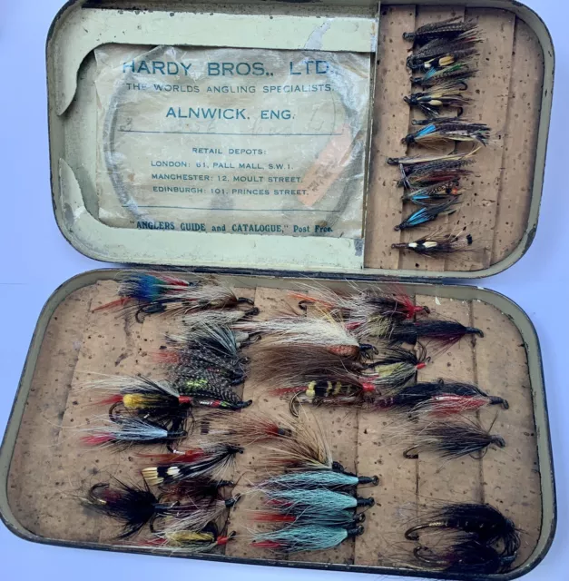 Vintage Hardy Brother Salmon Fly Cast Black Japanned Box With Flies & Cast