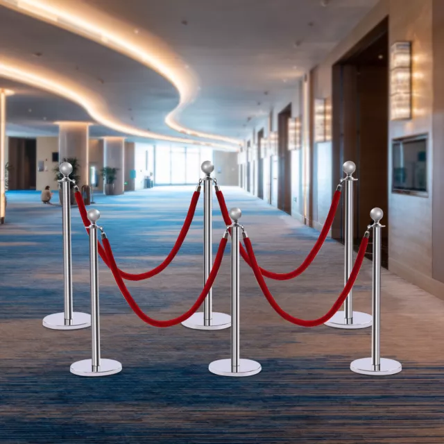 6Pcs Silver Crowd Control Stanchions Posts Barriers Queue Line w/Red Velvet Rope