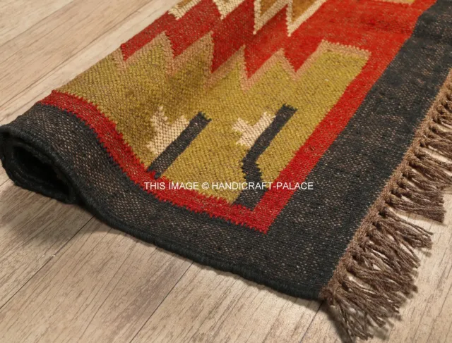 Neuf Indien Traditionnel Weaver Tribal Laine Jute Kilim Tapis Moquette Porte 3