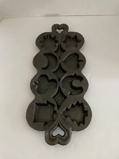 Vtg Cast Iron 14" Mixed Molds Star Chicken Tree Moon W/ Heart Shape Handles Pan