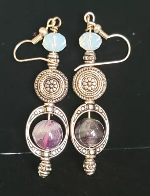 Handcrafted Silver, Amethyst and Opalite Dangle Earrings SZ 2 1/2 & 10 Gms E24