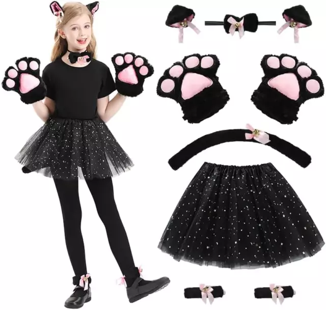 Katzenkostüm Kinder, 9 Stück Katzen Kostüm, Katze Cosplay Set Mit Tutu Rock Schw