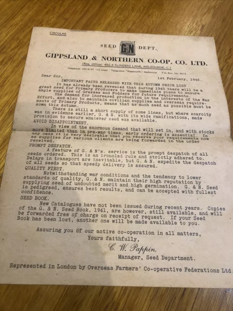 Gippsland & Northern Co-op Seed Dpt Vintage Price List & Order Form 1945