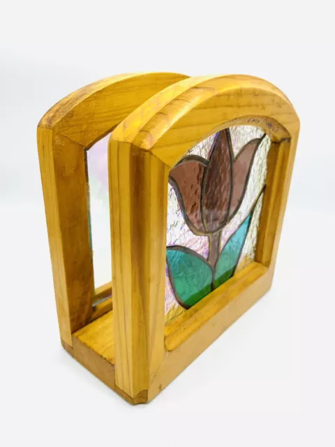 Vintage Stained Glass Wood Frame Flower Tulip Napkin Holder MCM Art Deco