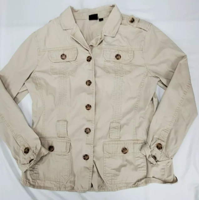 Womens Sonoma Life Style Button Front Khaki Military Style Jacket Beige Sz L