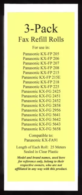 3-pack KX-FA91 Fax Film Refill Rolls for Panasonic KX-FG2425 KX-FG2451 KX-FG2452