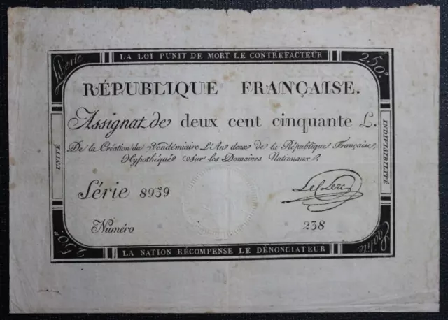 France - Francia - Revolution - Assignat de 250 Livres (1793)