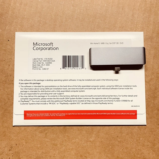 Microsoft Windows 10 Home 64bit English OEI DVD Software, Sealed