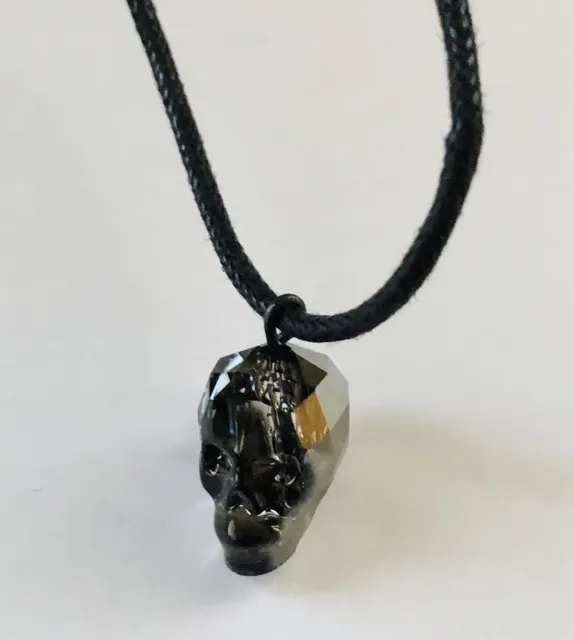 Signed CHILLI BEANS SWAROVSKI Skull Grey Crystal Necklace on Black Cord Chain