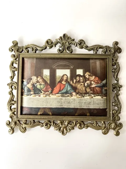 Vintage Religious Last Supper Wall Hanging Ornate Frame Padded Fabric  6.5 x 7"