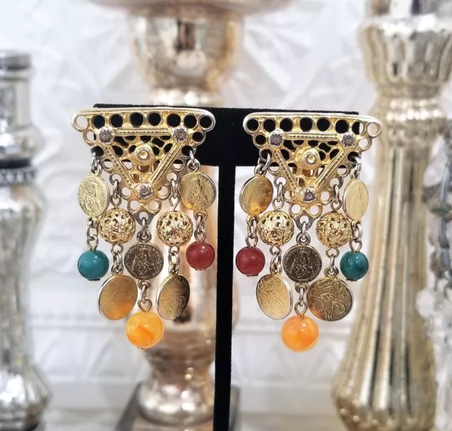 Vintage Couture Ben Amun Coin Dangle Beaded Lucite Clip On Earrings Vintage Couture Ben Amun Coin Dangle Beaded Lucite Clip On Earrings
