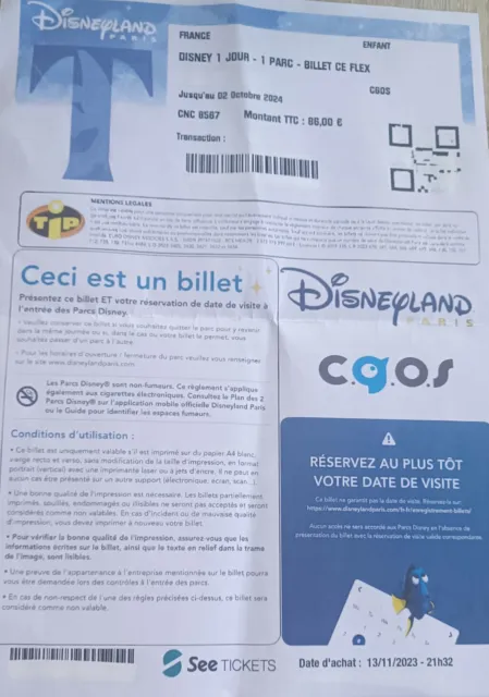 billets enfant disneyland paris 1 parc