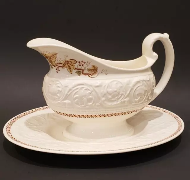 Wedgwood Patrician Golden Ivy Laurel Rim Gravy Boat with Attached Underplate