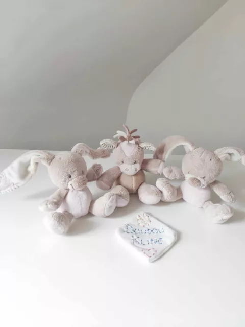 Lot Peluche/Doudou Lapin & Âne Beige Rose Pâle 10cm Sans Mobile Musical - Nattou