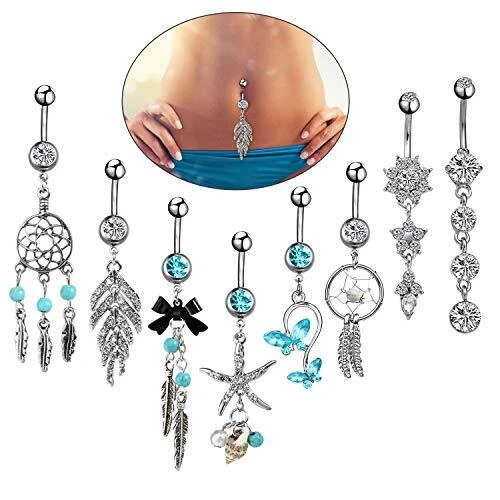 8Stück Bauchnabelpiercing Blau mit Lang Anhänger Set für Damen Frauen Mädchen...