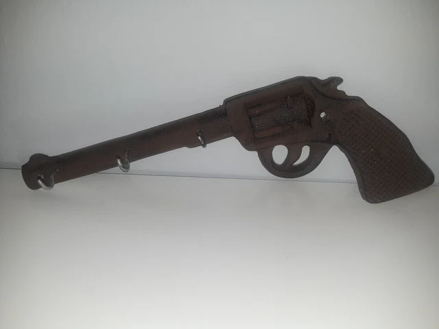 Vintage Iron Gun Pistol Key Holder Hook Rack Wall Mounted Western Cowboy Decor