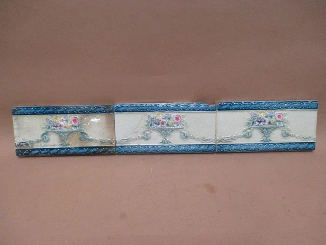 Tiles x3, Majolica, Art Nouveau, Richards England, border tile, antique, vintage