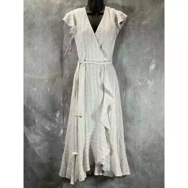 CALVIN KLEIN Women's White Pinstripe Textured Ruffle Faux-Wrap Midi Dress SZ 2