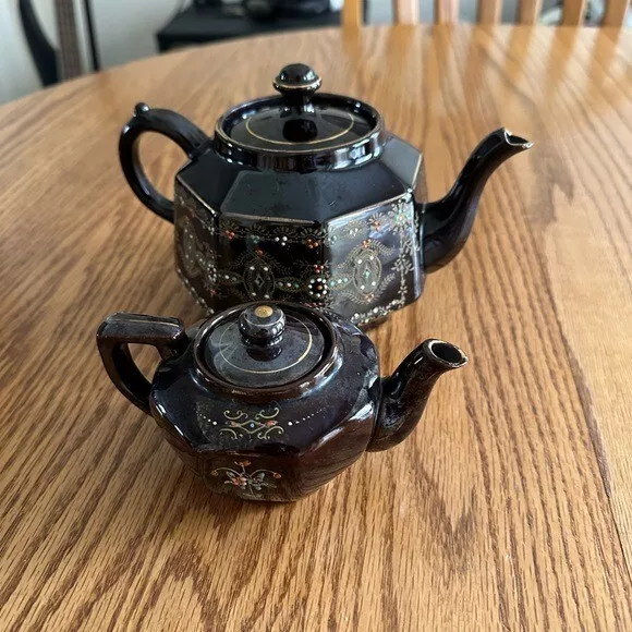 Vintage Tea Pot Set OF Two Black Multicolored Textured Decorative