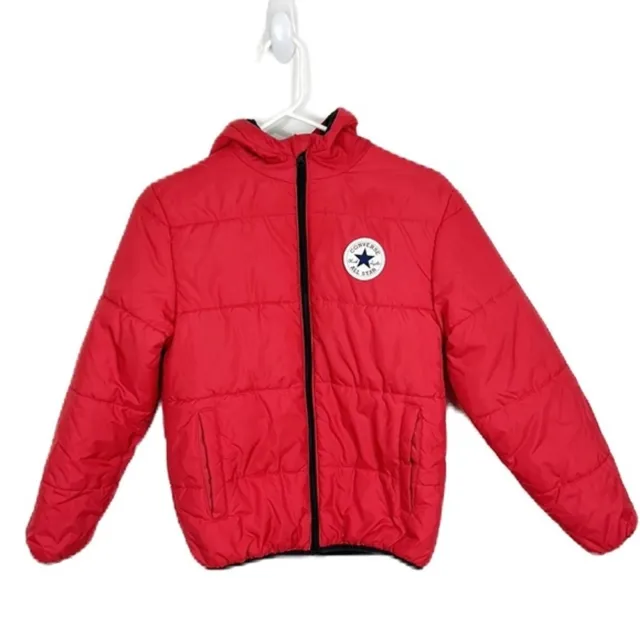 Converse Puffer Jacket Kids Medium Red Black All Star Winter Coat Zip Front Hood