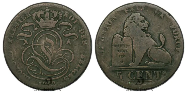 Belgique 5 centimes 1842 Léopold I Monogramme Lion Cuivre pièce de monnaie belge