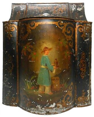 Scarce 19Th C Chinese Antique Painted Tin Toleware Tea Storge Bin, W/Tea Server