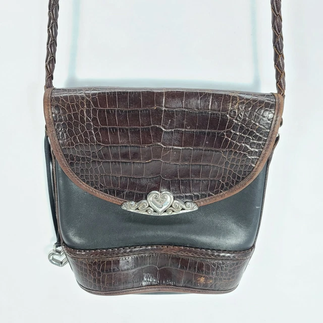 Vintage Brighton Embossed Black Brown Leather Croc Crossbody Bucket Purse Bag