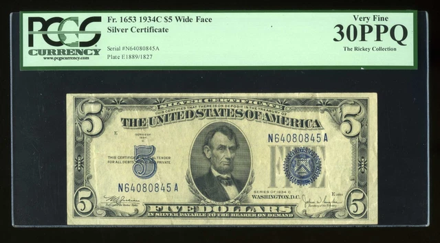 DBR $5 1934-C Silver Fr. 1653W NA Block Wide Face PCGS 30 PPQ Serial N64080845A