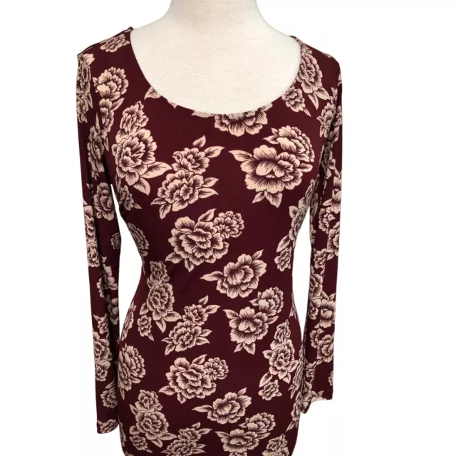 Forever 21 burgundy floral long sleeve cutout waist dress L 2