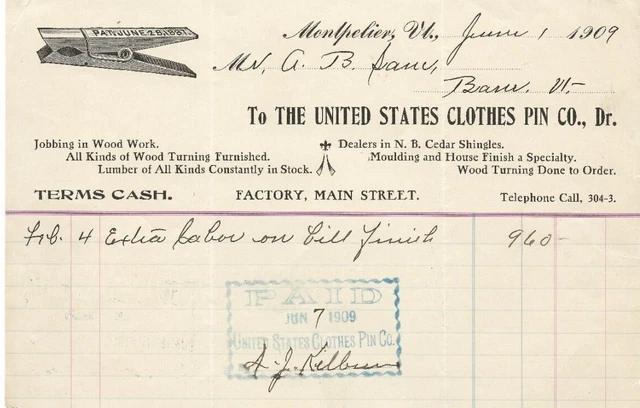 United States Clothes Pin Co Montpelier VT 1909 Billhead Clothes Pin Vignette