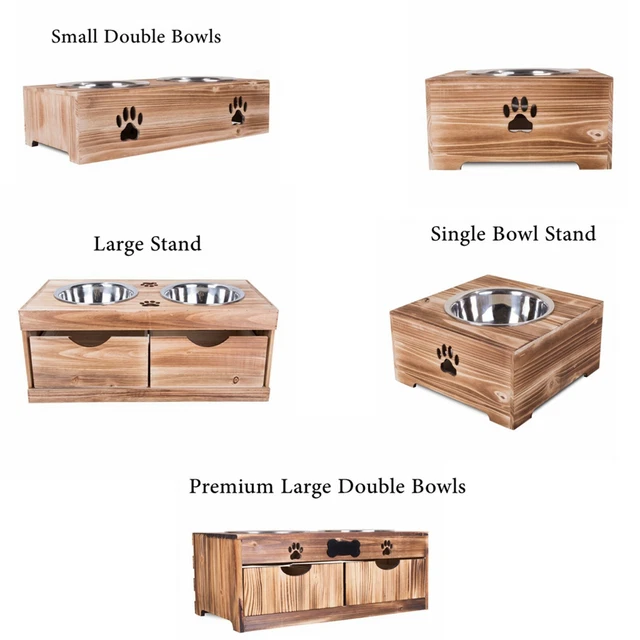 DOG FOOD FEEDING Stand Station Stainless Double Raised Bowls Wooden