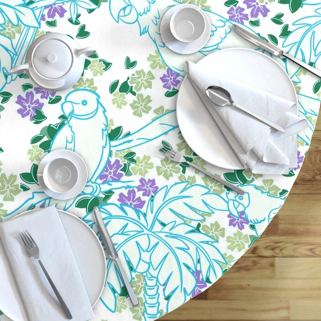 Round Tablecloth Tropical Paradise Birds Palm Trees Purple Flowers Cotton Sateen