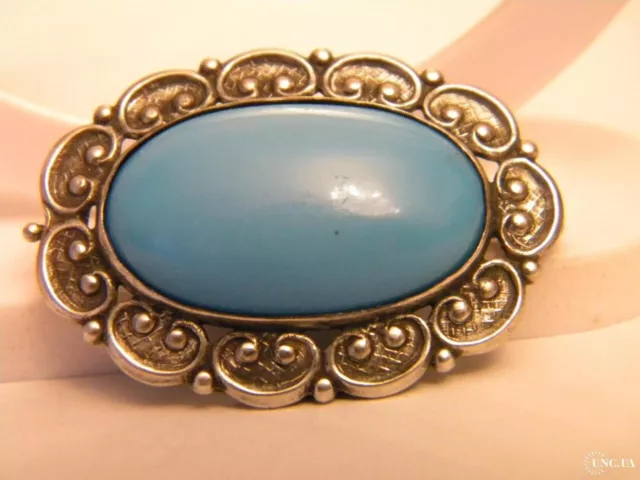 Antique 1950s USSR Large Pins Brooch Gilt Sterling Silver 875 Stone Blue Jewelry
