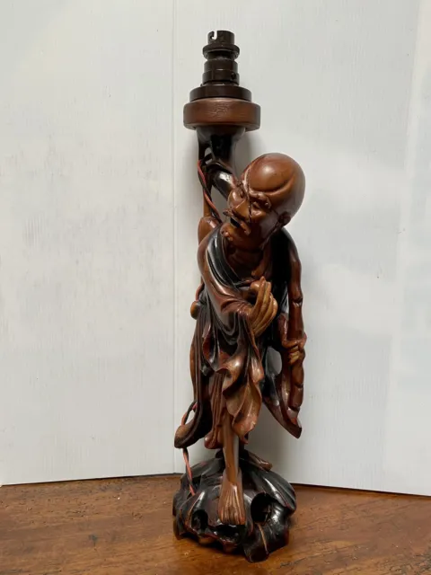 Fine Carved Wood Japanese Table Lamp Old Man Holding Lantern c1930